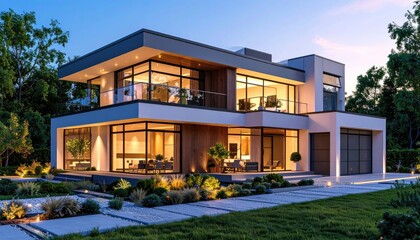 Fototapeta premium Modern Dream Home Luxury Living at Dusk.