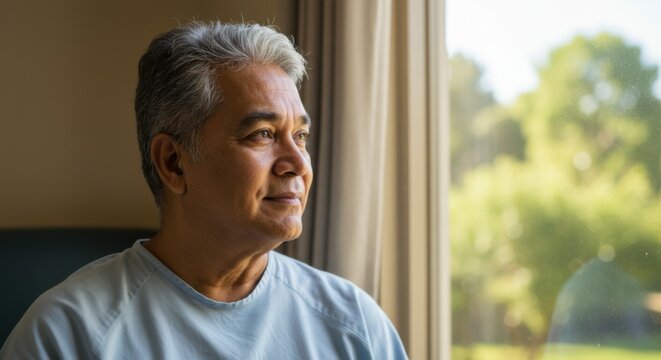 Senior man looking out window recovery hope hospital patient care thoughtful expression