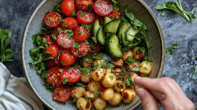 Overhead Shot of Hands Holding Salad Bowl with Tomatoes Cucumber and Gnocchi Dressed with Sesame and Herbs On Mottled