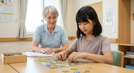 Fototapeta premium Occupational therapy session: girl and therapist doing puzzle for cognitive rehabilitation