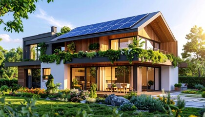 Fototapeta premium Modern Eco Home Solar Panels with Lush Garden Sustainable Living.
