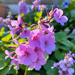 Beautiful purple flowers of Lunaria annua, annual honesty flowers (Silver Dollar, Money Plant) on sunny summer evening.
