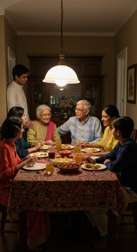 Family dinner celebration at home with indian food and grandparents enjoying time together