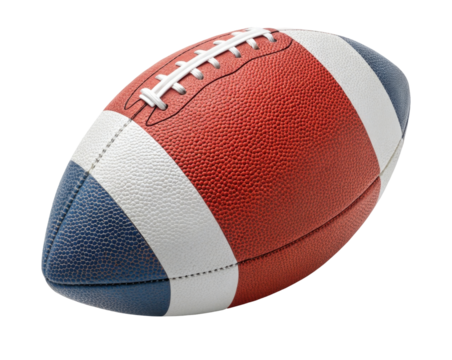 Textured Rugby Ball in Traditional Colors of Red, White, and Blue Isolated on Transparent Background