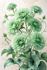 botanical zinnia flowers in soft green hues with fresh buds and leaves on a creamy background digital art for room decor floral botanical illustration wallpaper backgorund