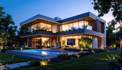 Obraz premium Modern Villa at Dusk Poolside Luxury.