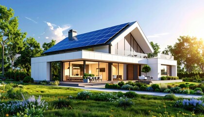 Modern Solar Home Sustainable Living in Luxury with Sunny Day.