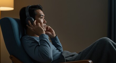 Man listening to music with headphones relaxing in chair at home enjoying audio experience
