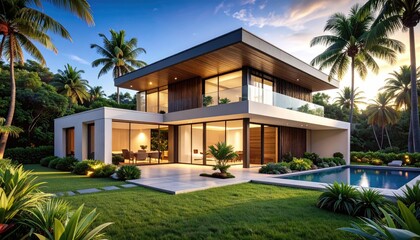 Fototapeta premium Modern tropical villa with pool and palm trees at sunset.