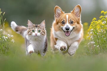 Obraz premium Playful puppy and curious kitten running together in a lush field outdoor photography joyful scene close-up view