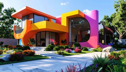 Fototapeta premium Vibrant Pop Art Home Colorful Architecture with Sunny Day.