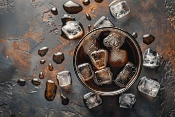 ultra quality image of Top view of americano coffee glass shown ice and black coffee