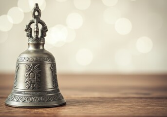 Elegant silver prayer bell with intricate details on a wooden surface