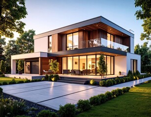 Fototapeta premium Modern Dream Home Sleek Design in a Lush Landscape with Sunset Glow.