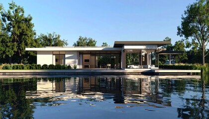Lakeside Modern Contemporary Home Reflects in Calm Waters.