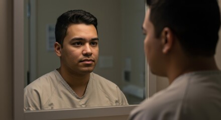 Fototapeta premium Man looking at reflection in mirror portrait introspection self image contemplation gaze face