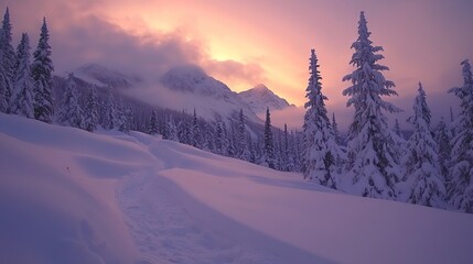 Obraz premium Serene Snowy Landscape at Sunset with Dramatic Mountain Backdrop