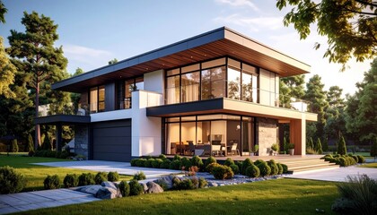 Fototapeta premium Modern Dream Home Sunlight Serenity in Suburban Paradise.