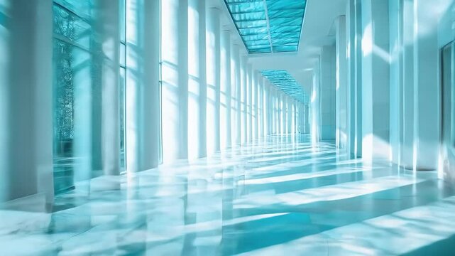 Turquoise Hallway with White Pillars Glass Ceiling and Shadow Casting in a Modern Architectural Interior Design