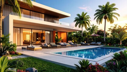 Fototapeta premium Luxury villa with pool with palms, and and sunset Tropical paradise living.