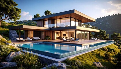 Fototapeta premium Modern Villa Retreat Poolside Luxury Oasis in the Hills.