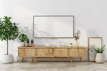 Ultra Quality Picture of Tv on the Cabinet in Modern Living Room Have Plants and Book on Blue