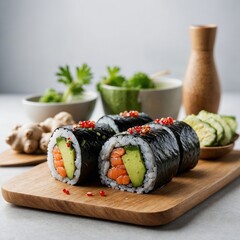 Japanese sushi rolls with wasabi and ginger on white.
