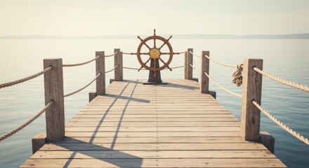 Fototapeta premium Wooden Dock with Ship Wheel at Calm Lake on a Sunny Day Serene Escape