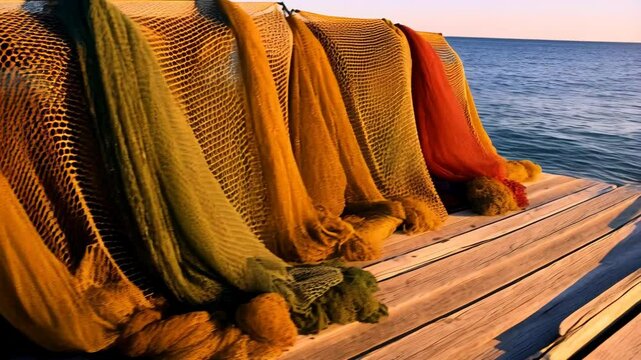 Fishing nets hanging on a wooden pier with various colors against ocean backdrop at sunrise