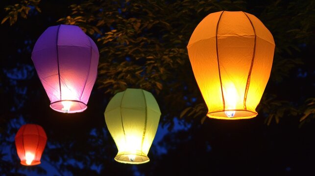 Colorful sky lanterns glow at night