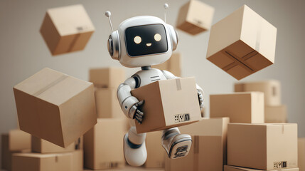 A cute white robot working efficiently in a modern warehouse, surrounded by stacked boxes and shelves, showcasing futuristic automation, logistics technology, and smart industry solutions.
