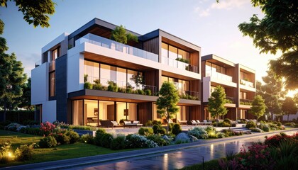 Fototapeta premium Modern Elegance Luxurious Townhouses Bathed in Golden Light.