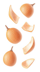 Fresh sweet onions with peeled slices and whole bulbs isolated on white background for cooking ingredients or food preparation