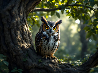 A majestic owl perched on a tree branch in a lush forest, with a captivating gaze, photorealistic details, cinematic lighting, and a mystical atmosphere.




