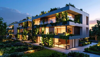 Fototapeta premium Green Oasis Modern Apartments Lush Vertical Gardens at Dusk.