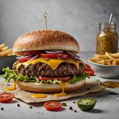 Gourmet cheeseburger with all toppings on pure white.