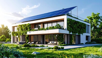 Fototapeta premium EcoLuxury Home Solar Roof with Green Walls, and Modern Design.
