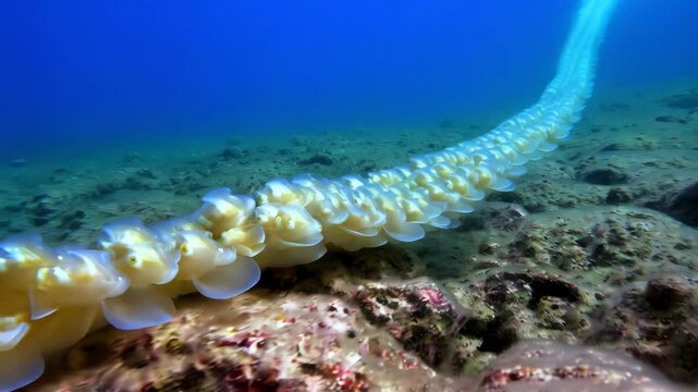 Chain of sea squirts or ascidians, colonial tunicates in tropical ocean underwater. Close up detailed marine life photography on reef floor.