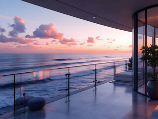 Dramatic sunset over the ocean with a glass balcony, golden clouds, moody lighting, serene landscape, and minimalist architecture.




