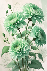 soft colored zinnia flower blooms in green hues on cream background digital art print for peaceful floral interior decoration floral botanical illustration wallpaper backgorund