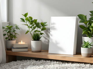 Photo of a white picture frame on a wooden shelf, surrounded by houseplants, decorative candles, and books.




