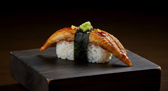 Aburi eel nigiri with burnt miso glaze and micro wasabi leaves v2
