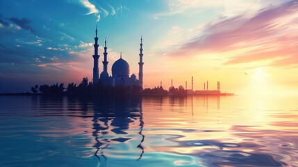 Naklejka premium Sunrise Mosque Reflection, peaceful waters, vibrant sky, travel postcard