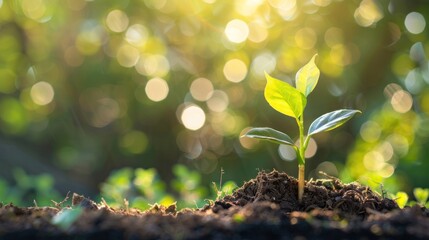 Young sprout growing in soil, sunrise bokeh background, nature, growth