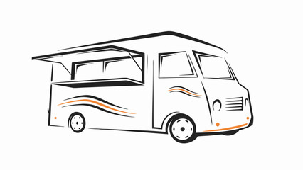 Illustration of a stylized food truck with open serving window and orange accent lines on white editable vector eps/eps