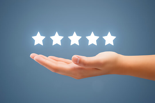 Hands holding paper reaching skyward, expressing hope and freedom- Five star rating review slider bar button background 