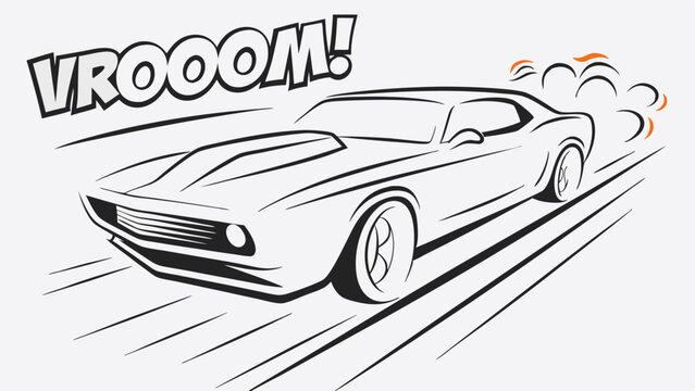 Naklejki Stylized muscle car speeding with vroom sound effect and tire smoke in black and white illustration editable vector eps/eps