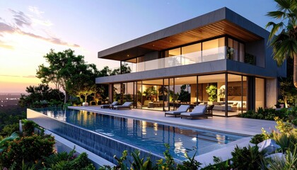 Luxury Villa Sunset Infinity Pool with Modern Design, and Lush Landscape.