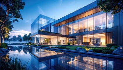 Modern Office Glass Building Reflections at Dusk with Serene  Powerful.