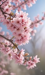 Delicate pink sakura petals drift on gentle spring breeze, soft focus background , plant, macro, ethereal